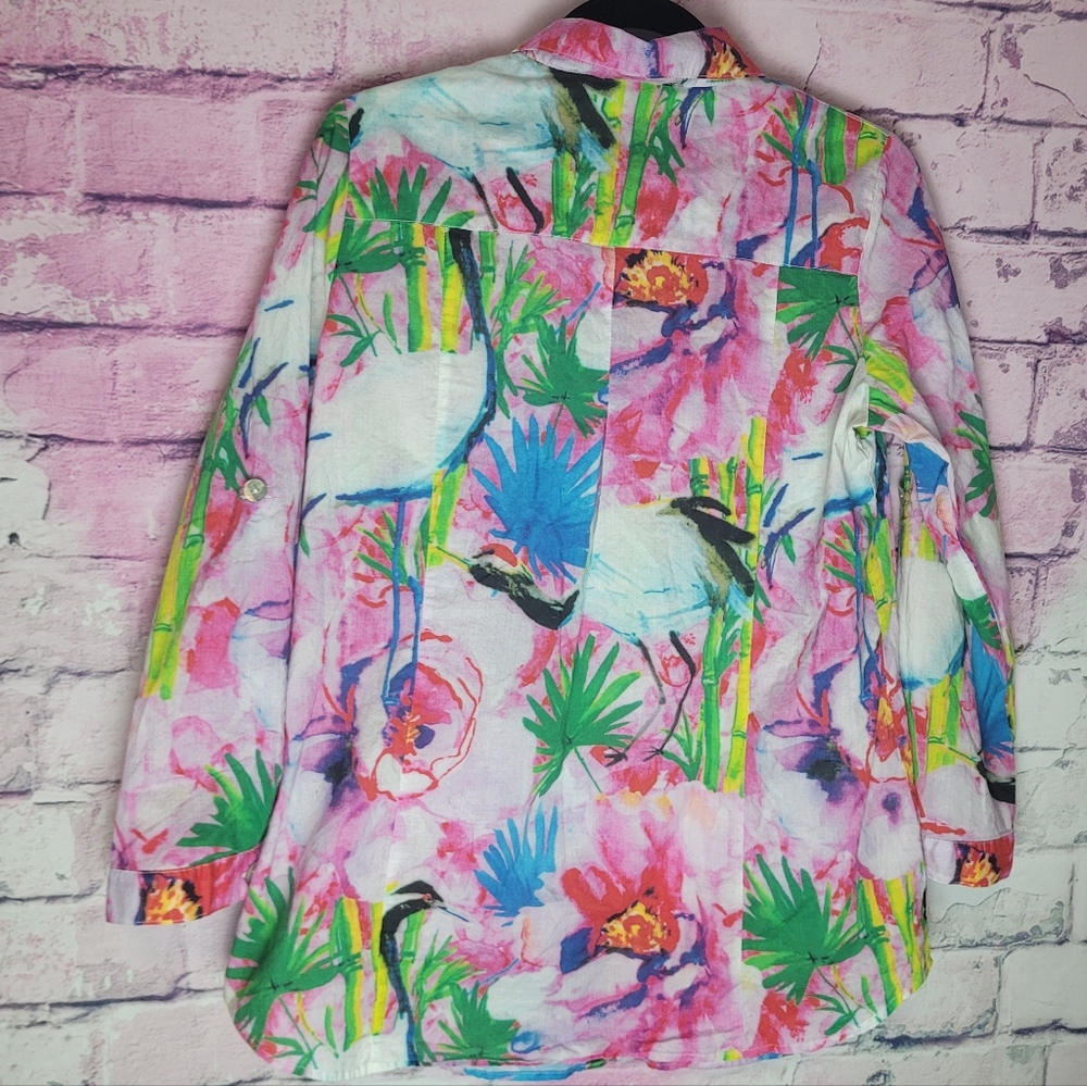 TOOFAN 100% COTTON FLORAL WATERCOLOR PRINT ART TO WEAR BUTTON FRONT BLOUSE SMALL - Picture 2 of 14